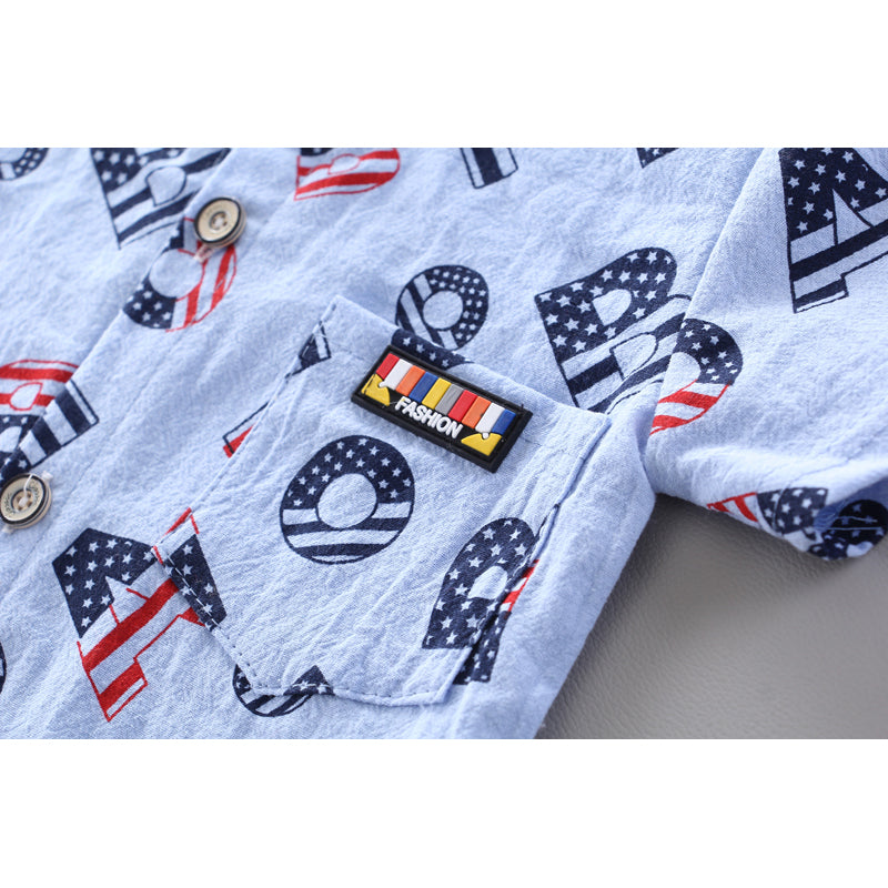 Boys Printed Mandarin Collar Pure Cotton Shirt With Shorts