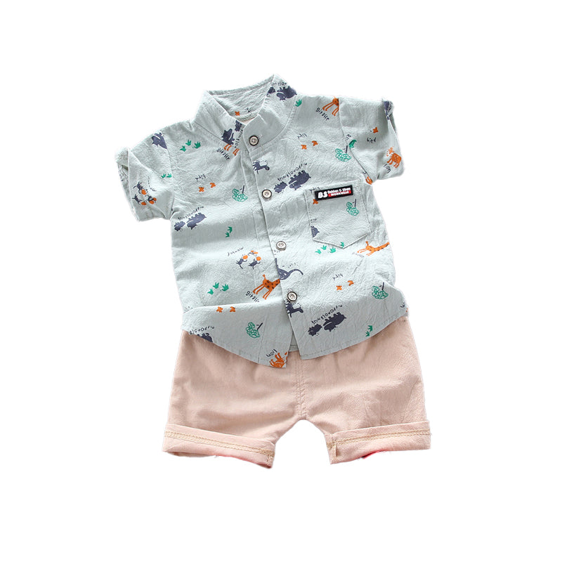 Boys Green & Beige Printed Shirt with Shorts