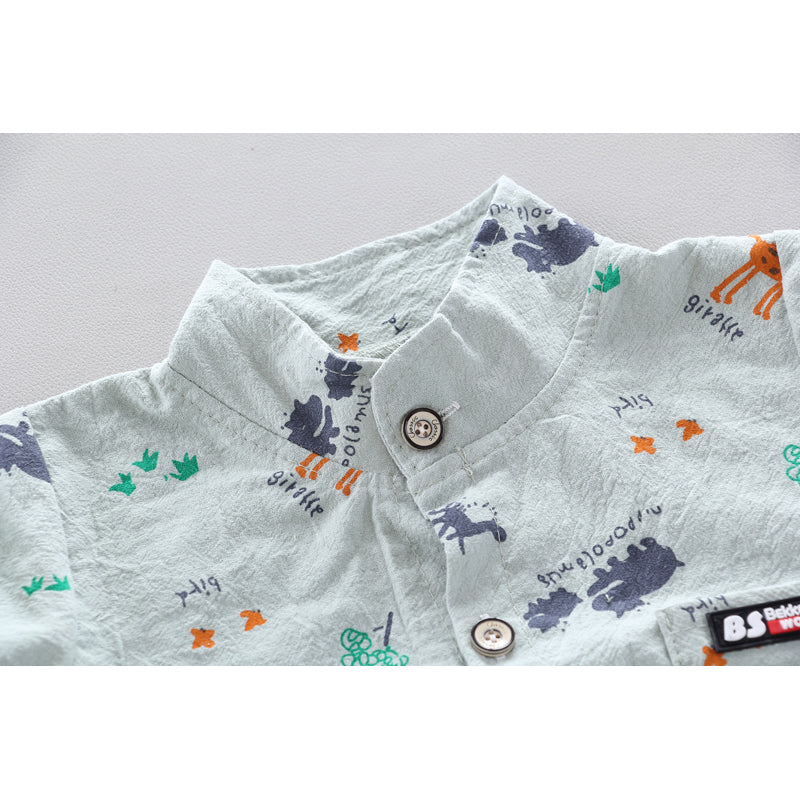 Boys Green & Beige Printed Shirt with Shorts