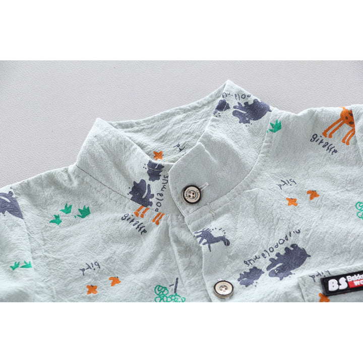Boys Green & Beige Printed Shirt with Shorts