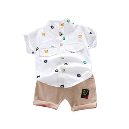 Boys Printed Mandarin Collar Pure Cotton Shirt With Shorts