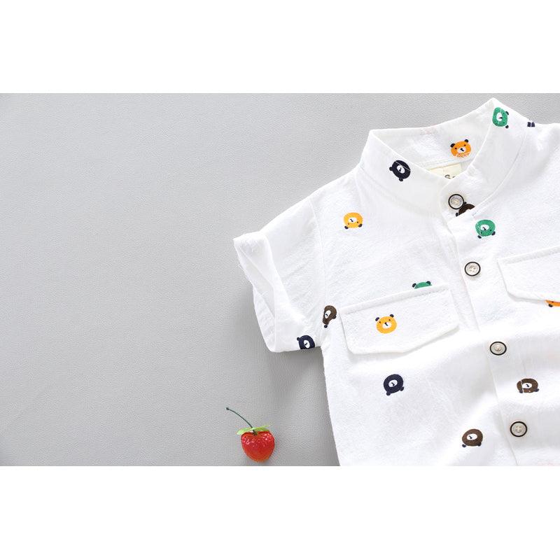 Boys Printed Mandarin Collar Pure Cotton Shirt With Shorts