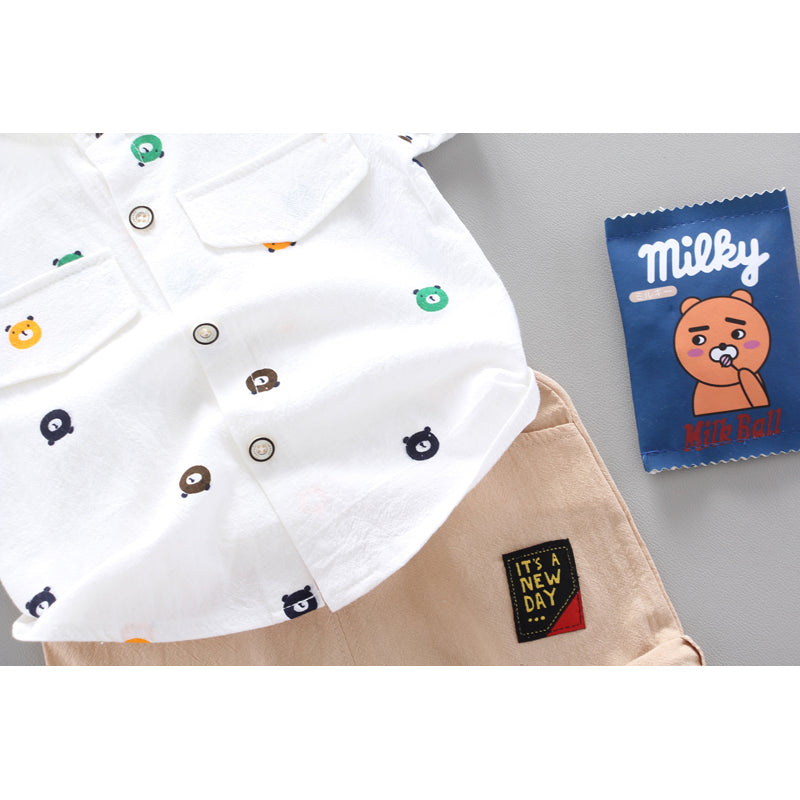 Boys Printed Mandarin Collar Pure Cotton Shirt With Shorts