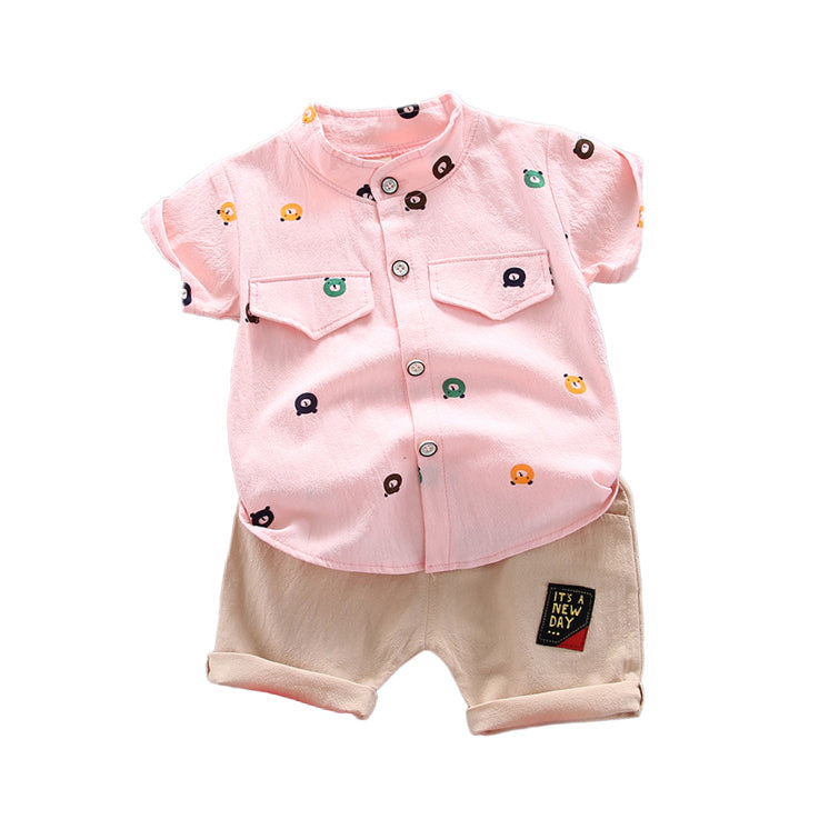 Boys Printed Short Sleeves Mandarin Collar Shirt with Shorts