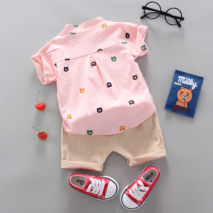 Boys Printed Short Sleeves Mandarin Collar Shirt with Shorts