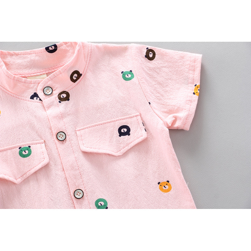 Boys Printed Short Sleeves Mandarin Collar Shirt with Shorts