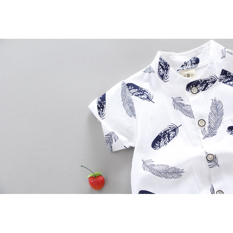 Boys White & Brown Printed Shirt with Shorts