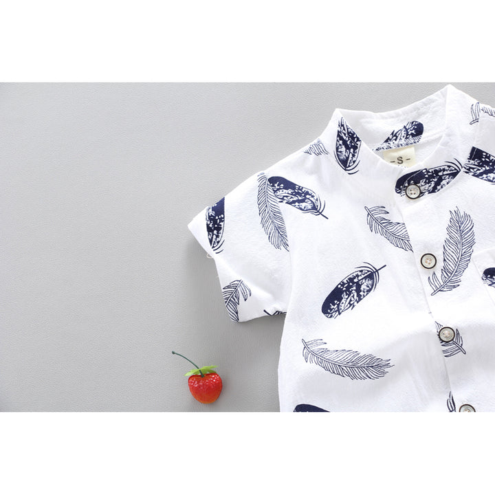 Boys White & Brown Printed Shirt with Shorts