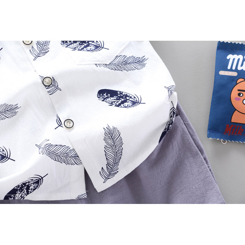 Boys White & Brown Printed Shirt with Shorts
