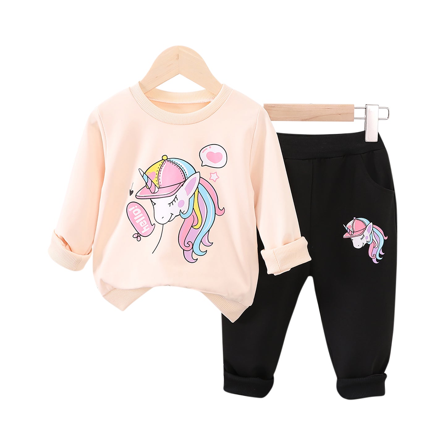 Girls Beige & Black Printed T-shirt with Pyjamas
