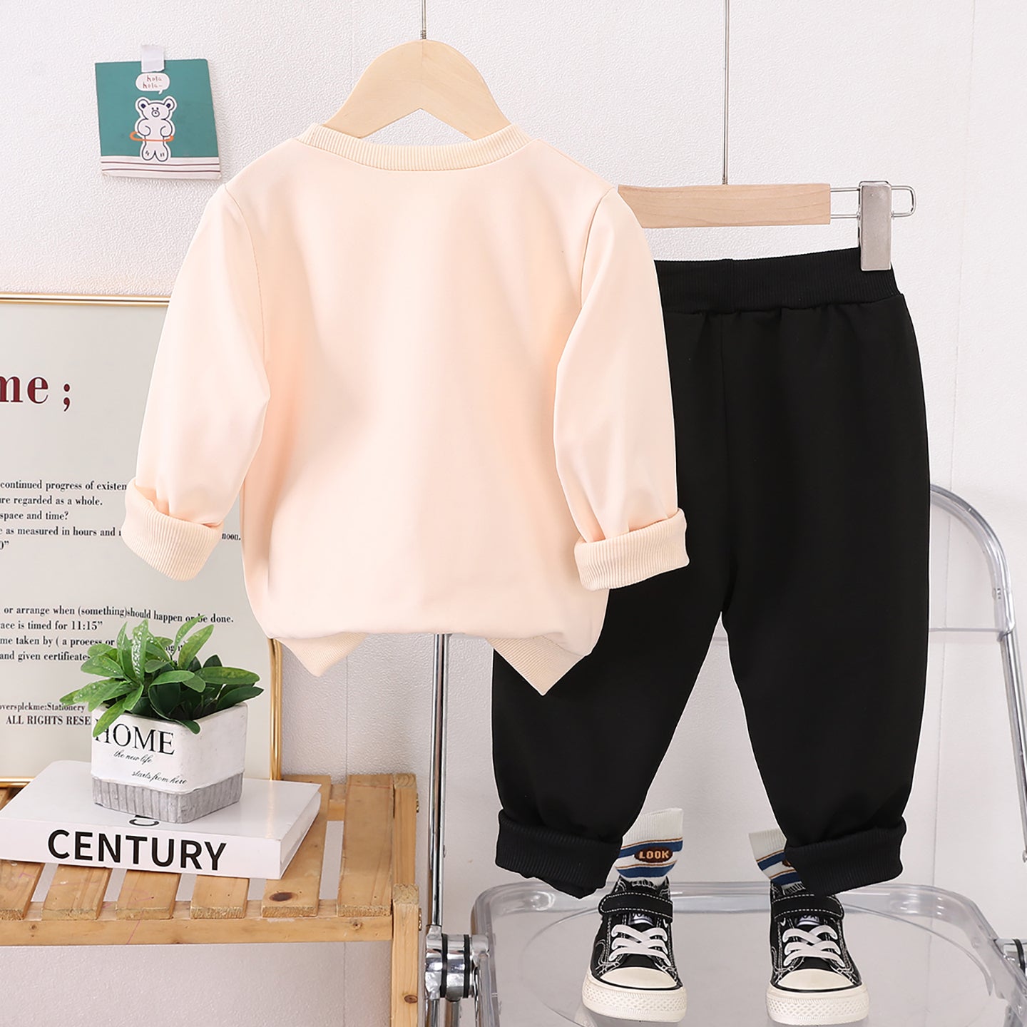 Girls Beige & Black Printed T-shirt with Pyjamas