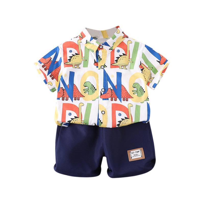 Boys Navy Blue & White Printed T-shirt With Shorts