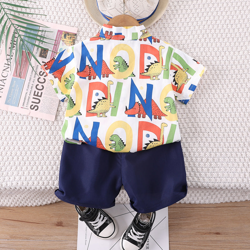 Boys Navy Blue & White Printed T-shirt With Shorts