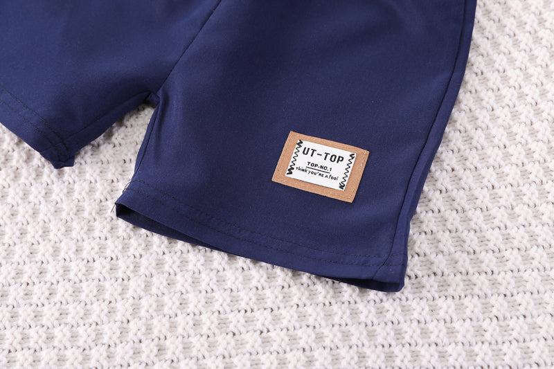 Boys Navy Blue & White Printed T-shirt With Shorts