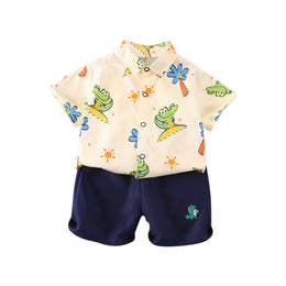 Boys Beige & Navy Blue Printed Shirt with Shorts