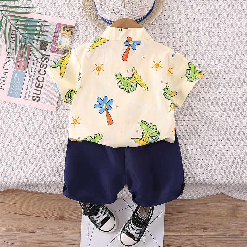 Boys Beige & Navy Blue Printed Shirt with Shorts