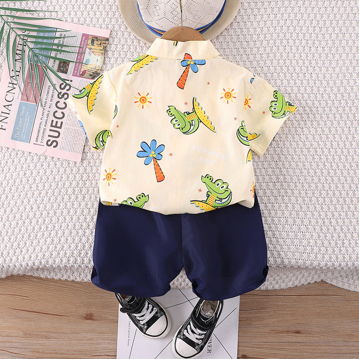 Boys Beige & Navy Blue Printed Shirt with Shorts