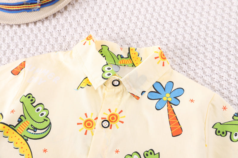 Boys Beige & Navy Blue Printed Shirt with Shorts