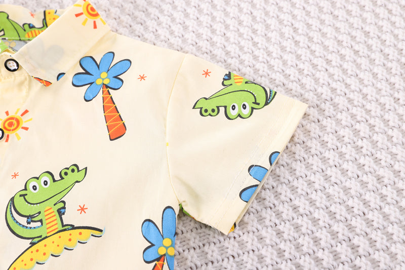 Boys Beige & Navy Blue Printed Shirt with Shorts