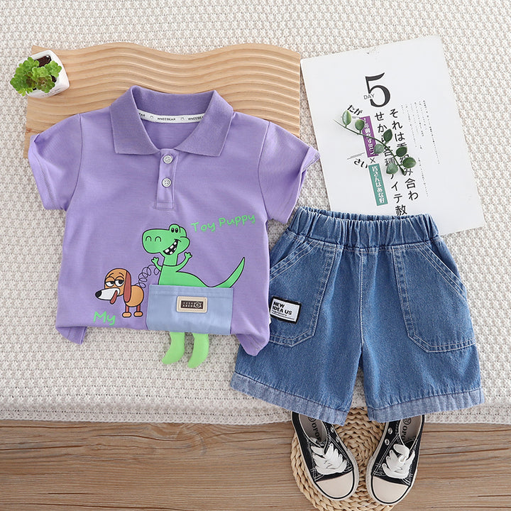 Boys Animal Printed Shirt Collar T-shirt With Shorts