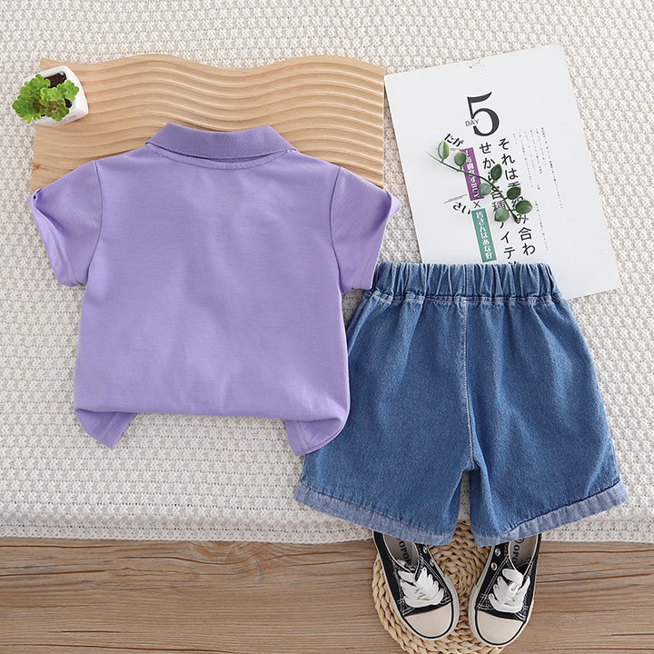Boys Animal Printed Shirt Collar T-shirt With Shorts