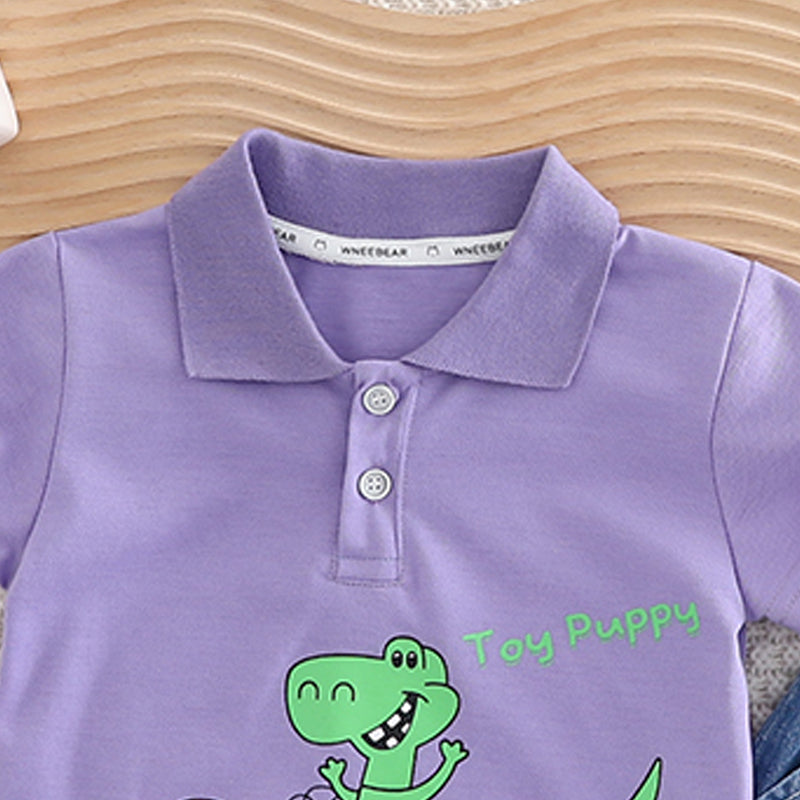 Boys Animal Printed Shirt Collar T-shirt With Shorts