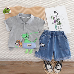 Boys Animal Printed Shirt Collar T-shirt With Shorts