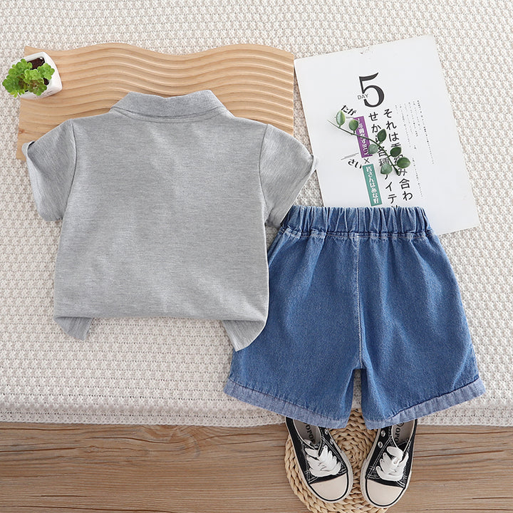 Boys Animal Printed Shirt Collar T-shirt With Shorts