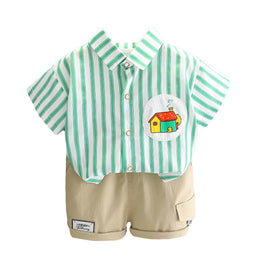 Boys Green Striped Spread Collar Shirt With Shorts
