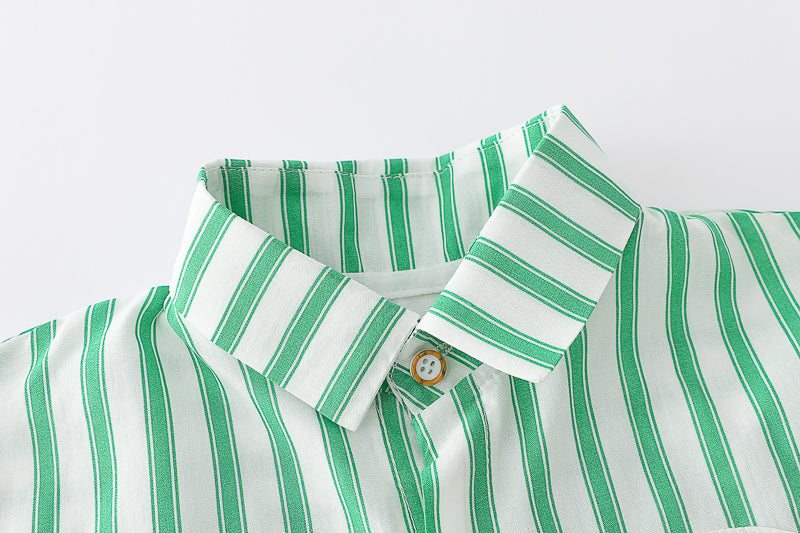 Boys Green Striped Spread Collar Shirt With Shorts