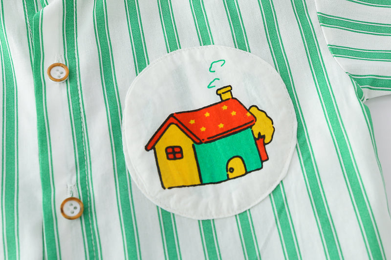 Boys Green Striped Spread Collar Shirt With Shorts