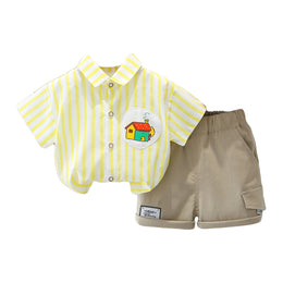 Boys Yellow & White Vertical Striped Shirt & Shorts