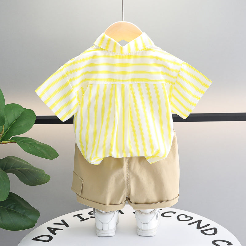 Boys Yellow & White Vertical Striped Shirt & Shorts