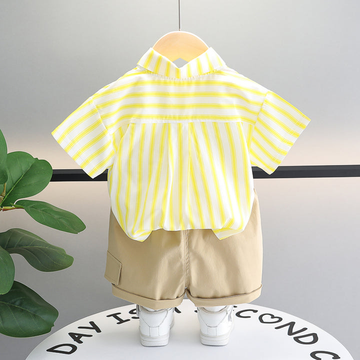 Boys Yellow & White Vertical Striped Shirt & Shorts