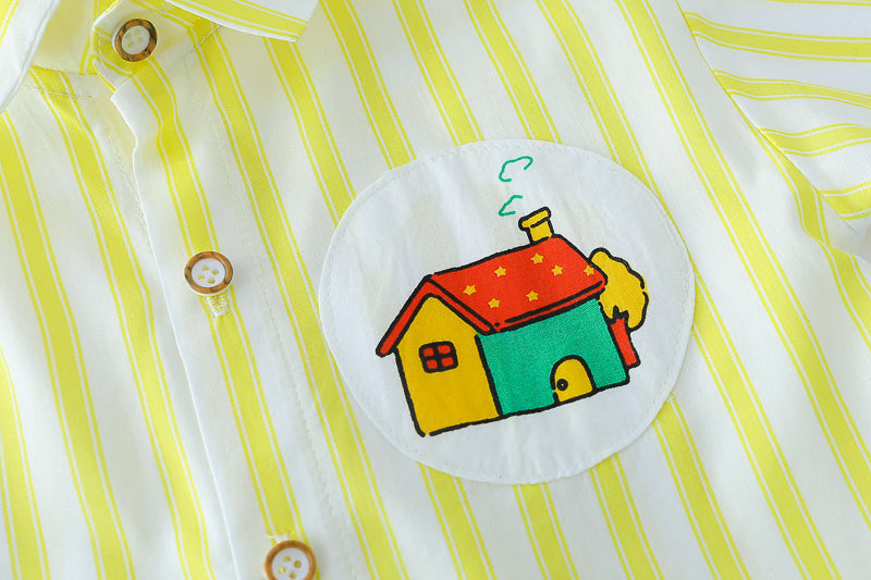 Boys Yellow & White Vertical Striped Shirt & Shorts