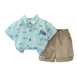 Boys Green Striped Spread Collar Shirt With Shorts