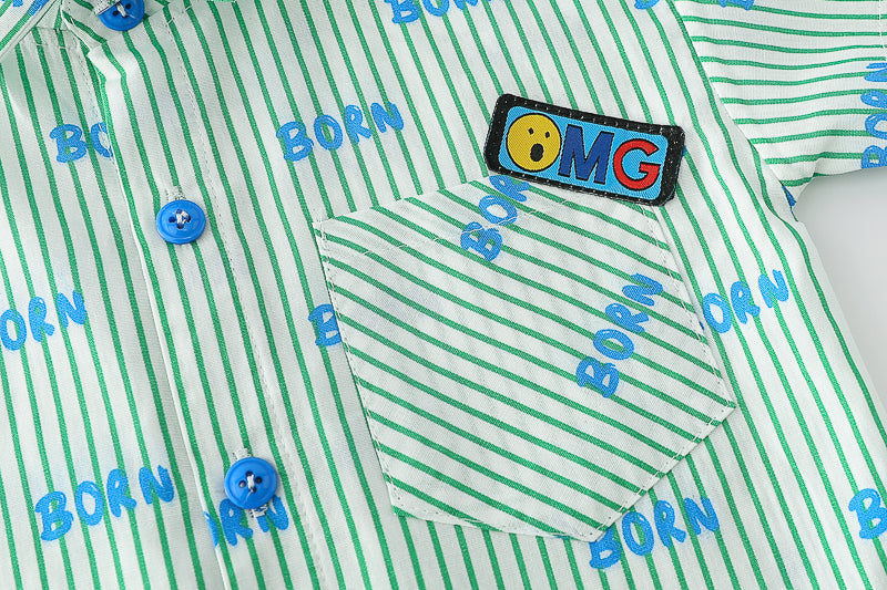 Boys Green Striped Spread Collar Shirt With Shorts