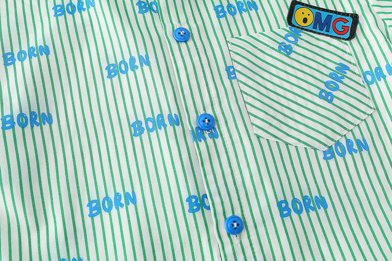 Boys Green Striped Spread Collar Shirt With Shorts