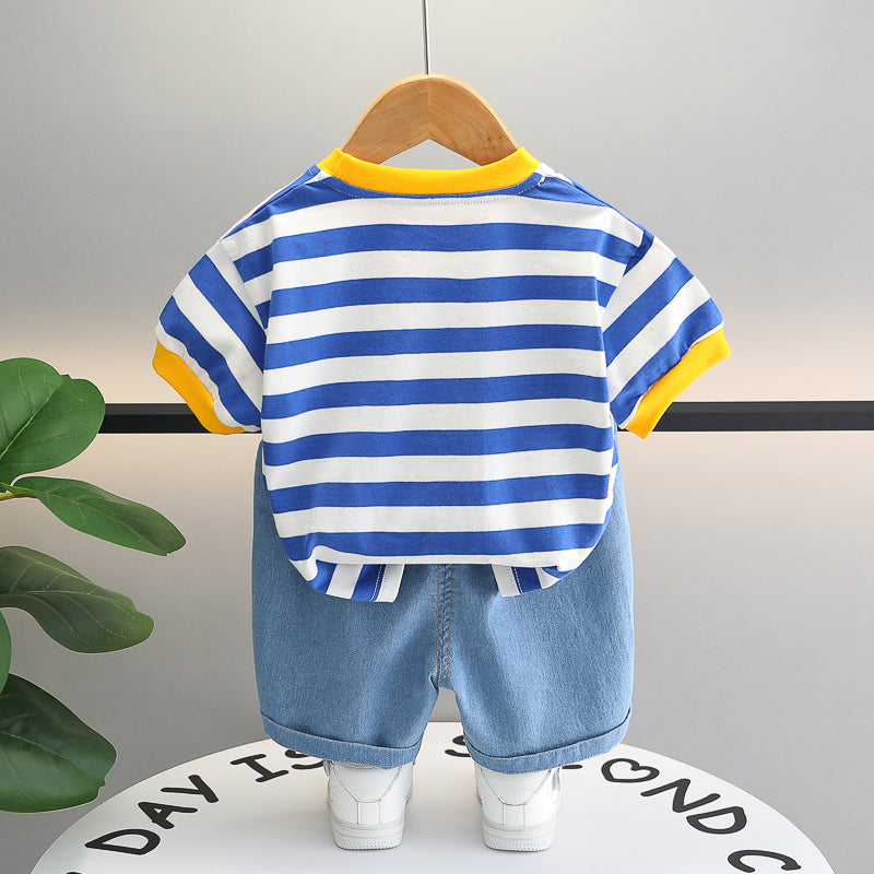 Boys Striped Round Neck T-shirt With Shorts