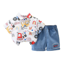 Boys Shirt Collar Short Sleeves Printed Shirt with Shorts