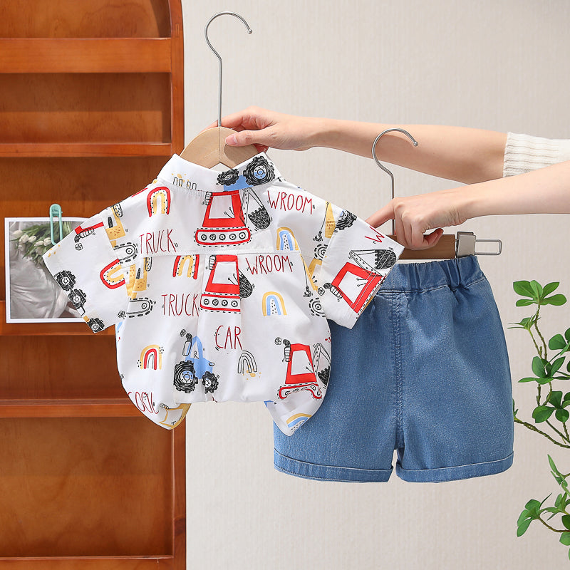Boys Shirt Collar Short Sleeves Printed Shirt with Shorts