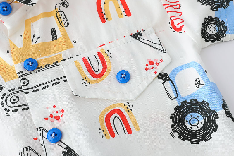 Boys Shirt Collar Short Sleeves Printed Shirt with Shorts