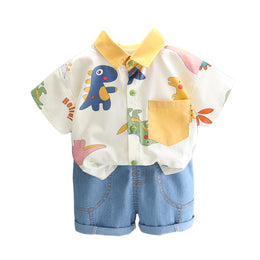 Boys Yellow & White Printed Shirt Collar Shirt with Shorts