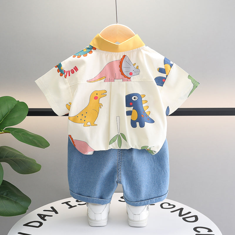 Boys Yellow & White Printed Shirt Collar Shirt with Shorts