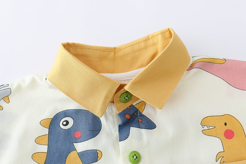 Boys Yellow & White Printed Shirt Collar Shirt with Shorts