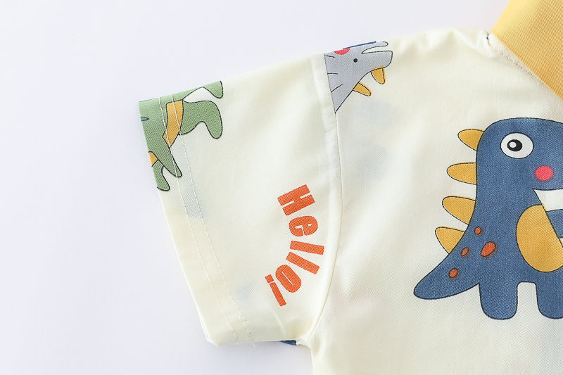 Boys Yellow & White Printed Shirt Collar Shirt with Shorts