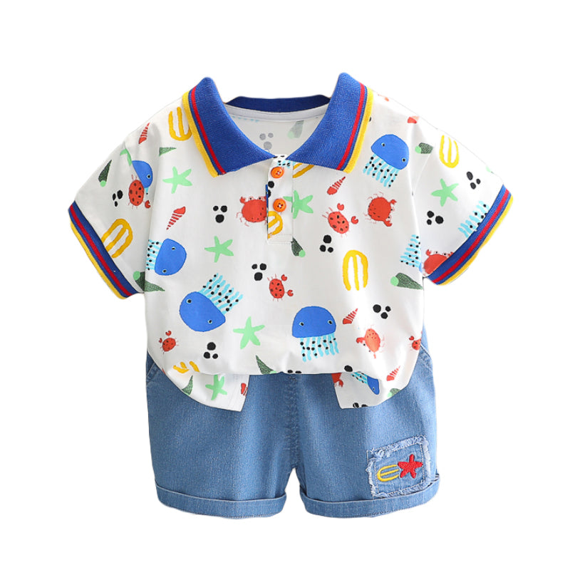Boys Polo Collar Short Sleeves Printed Shirt with Shorts