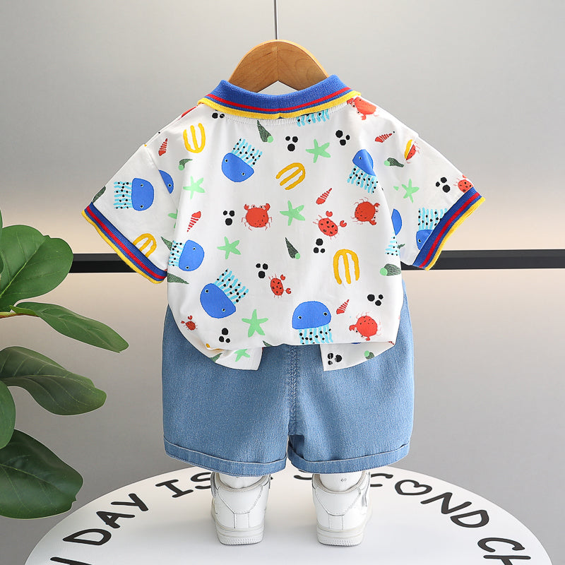 Boys Polo Collar Short Sleeves Printed Shirt with Shorts
