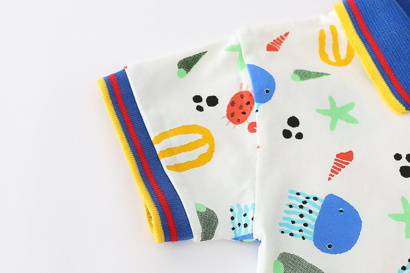 Boys Polo Collar Short Sleeves Printed Shirt with Shorts