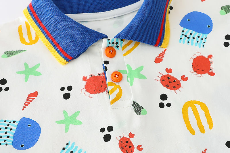 Boys Polo Collar Short Sleeves Printed Shirt with Shorts